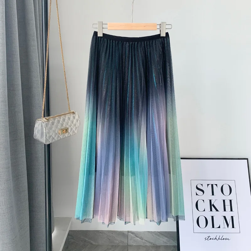 Осень 2020 с эластичной резинкой на талии юбка женская градиент цвета радуги из