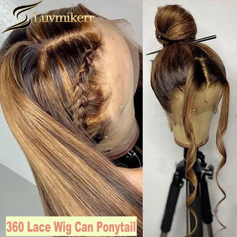 

Honey Blonde Highlight Colored 360 HD Lace Front Human Hair Wig Ombre Brown Full Pre Plucked Straight Lace Frontal Wig Women 150