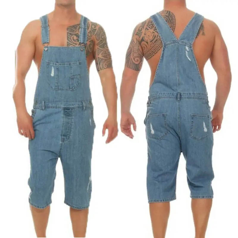 2019 мужской синий джинсовый сплошной комбинезон длиной до колена рваный мужские