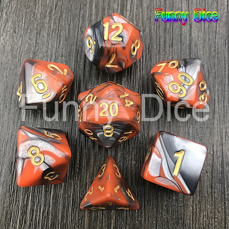 Orange Grey Новое поступление 7 шт. 2-х цветный набор Игральный костей с Туманность эффект d& игральная кость комплект d4, d6, d8, d10, d%, d12, d20 многогранные кубики, ролевые игры кубик для настольной игры - Цвет: Orange Grey