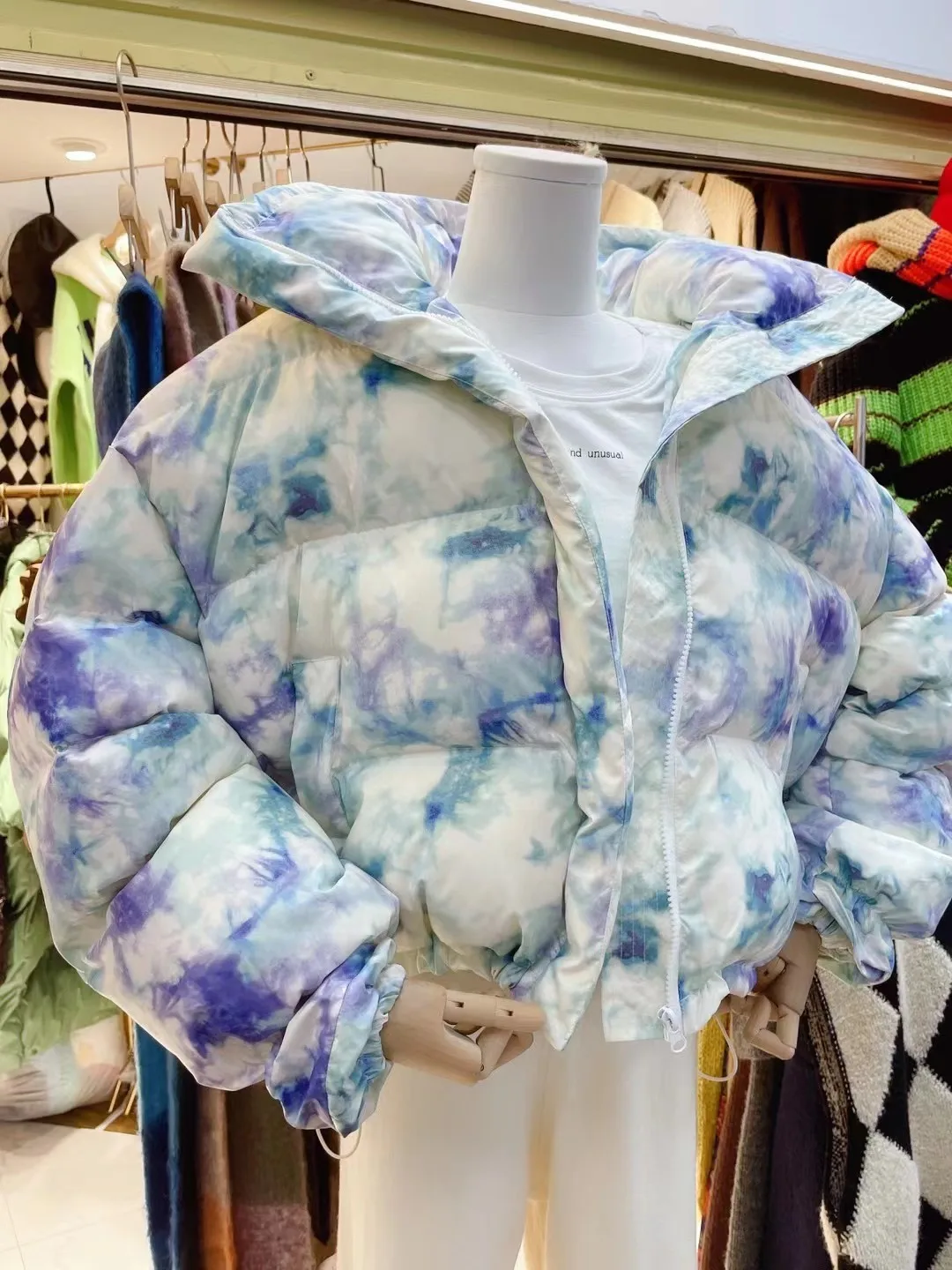 Women's Winter Warm Tie Dye Short Quilted Jacket Streetwear Casual Cute Cotten-padded Jacket Ladies Long Sleeve Wadded Coat