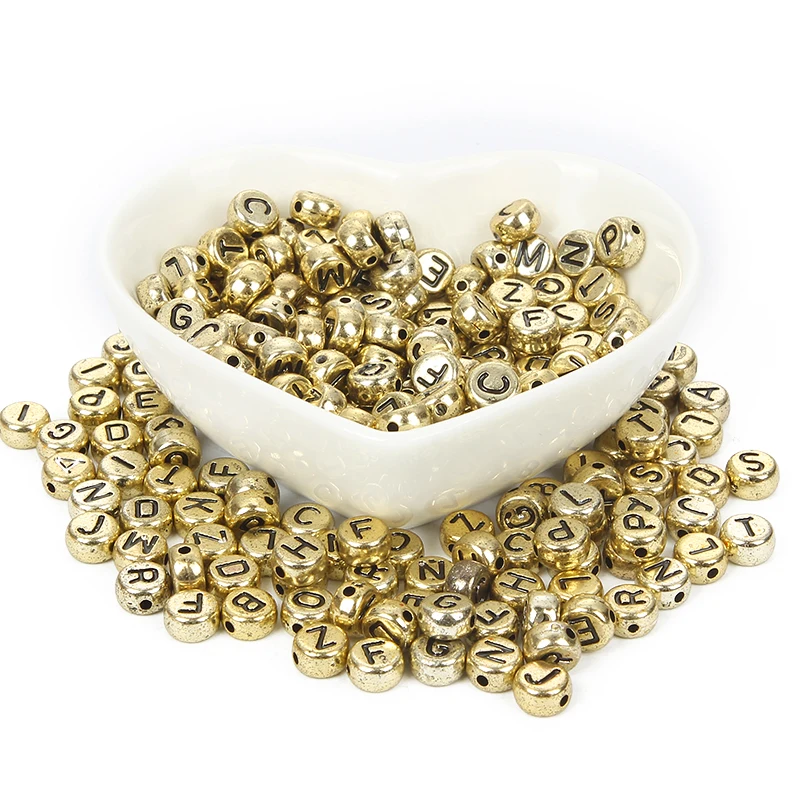200 шт. акриловые бусины с золотыми буквами 7 мм|Бусины| |