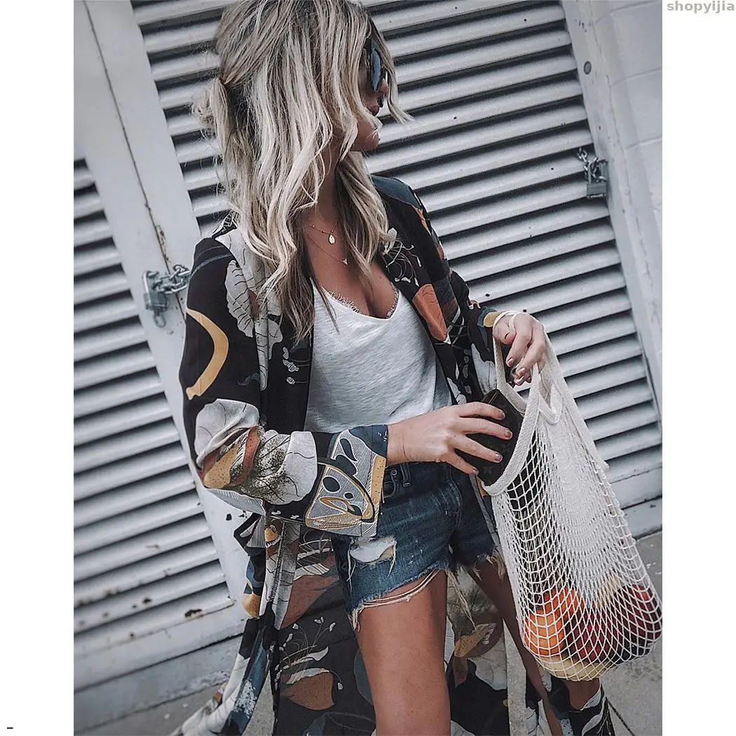 Fashion Spring Summer Beach Cover Up Long Tops Kimono Cardigan Floral Printed Sleeve Boho Loose Ladies Shirts Women Chiffon | Женская
