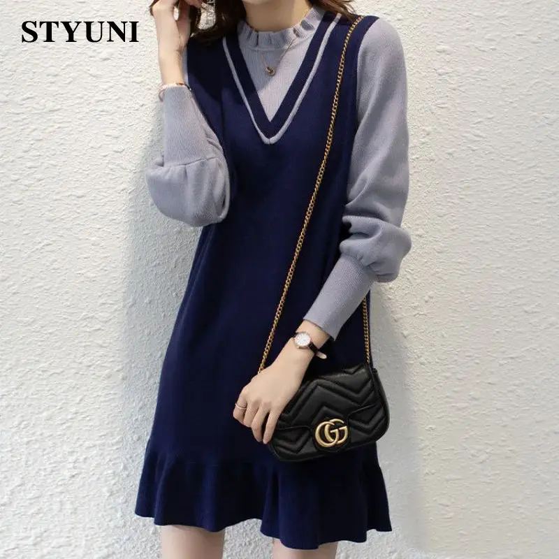 Мини-платье женское трикотажное из двух частей с рукавами-фонариками | Женская