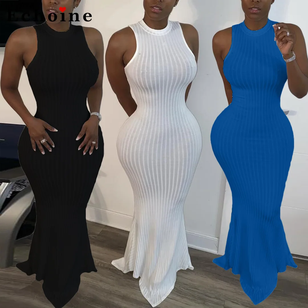 Женское трикотажное облегающее платье миди без рукавов с круглым