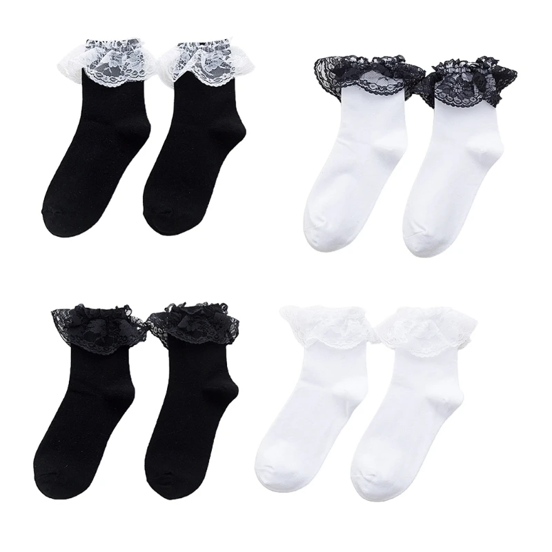 

Women Lolita Solid Color Ruffle Frilly Socks Japanese Black White Contrast Color Princess Cotton Ankle Lace Hosiery