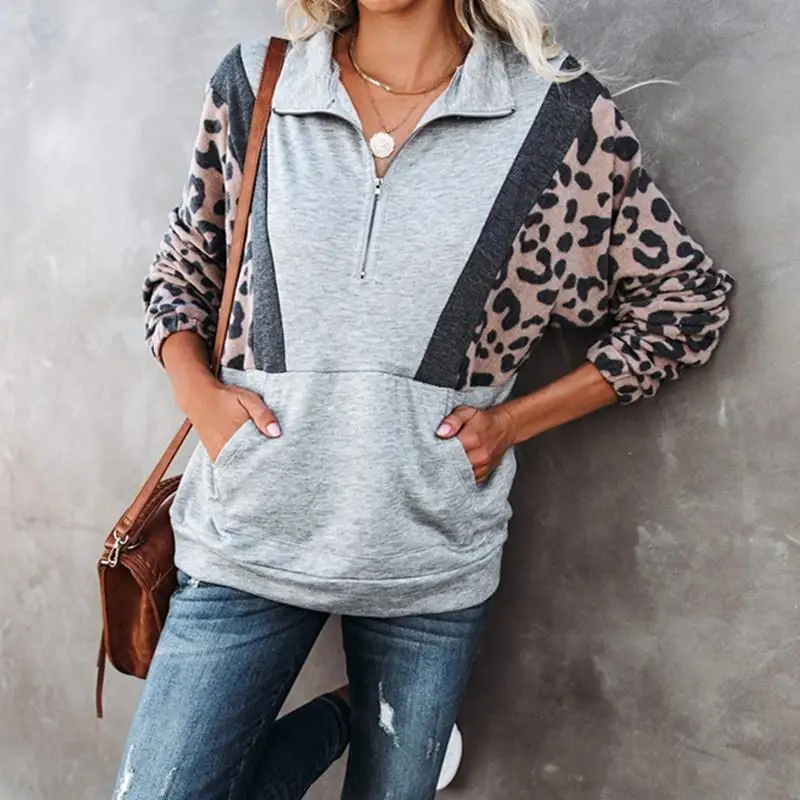 

Loose Plus Size Women Clothing Tie Dye Hoodies Leopard Print Contrast Color Sweatshirts Lapel Neck Tops Women