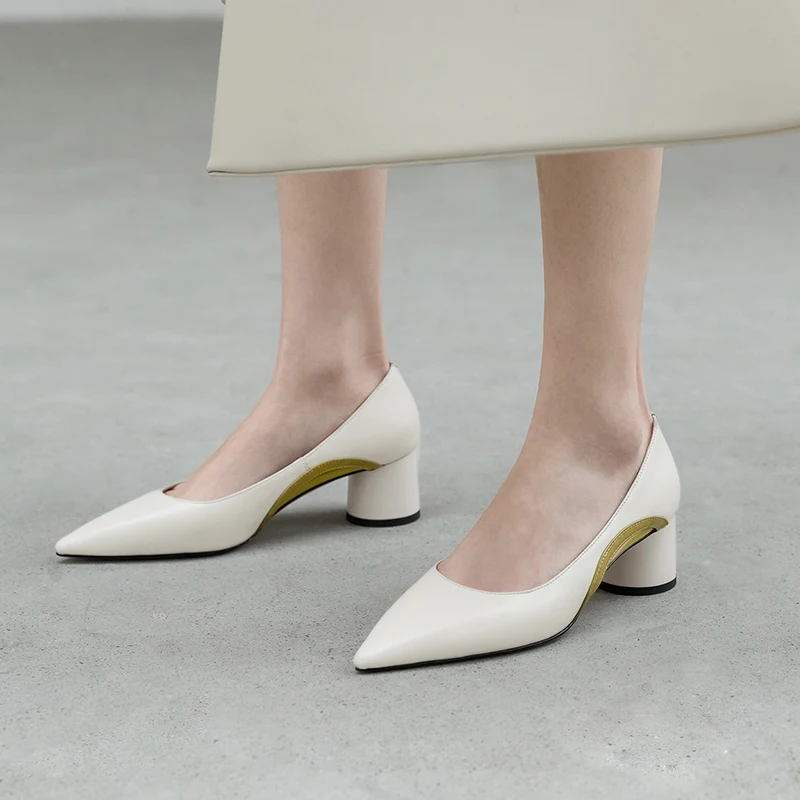 

New Genuine Leather Slip-On Women Shoes Spring/Autumn Pointed Toe Shallow Pumps Pointed Toe Thick Heel Shoes Woman Size 34-39