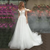 vintage a line wedding dresses 2022 elegant scoop neck cap sleeve lace appliques tulle court train beach bridal gown custom
