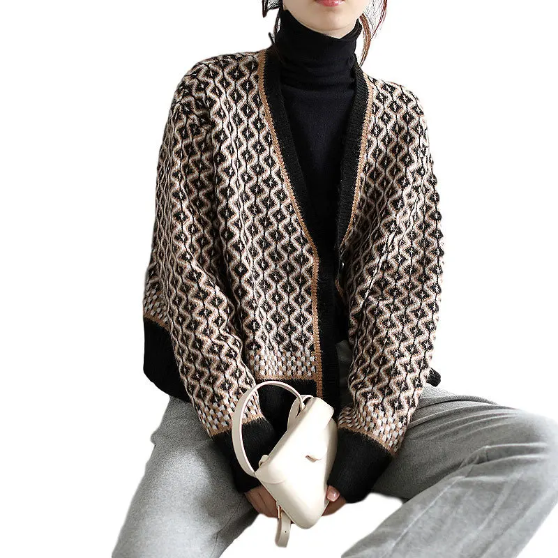 

Spring/Autumn Cardigan Coat Korean Fashion Retro Contrast Color Students Sweaters Women V-neck Loose Geometric Knitted Tops