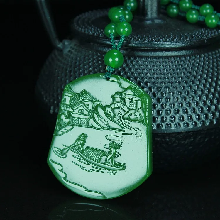 Chinese Natural Colour Jade Landscape Pendant Beads Necklace Hand-Carved Charm Jadeite Jewelry Fashion Gifts for Men Women | Украшения и