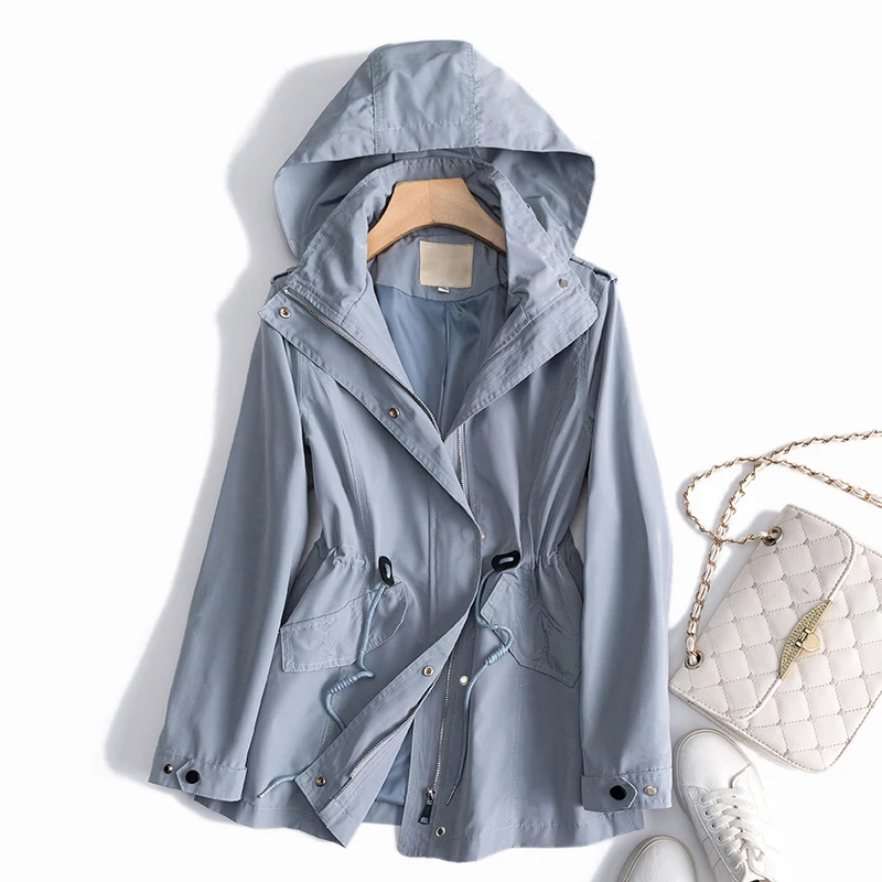 

Women Overcoat Coat 2021 Autumn Korean Short Drawstring Windbreaker Hooded Jacket Elegant Casual Loose Mid-Length Trench Coat