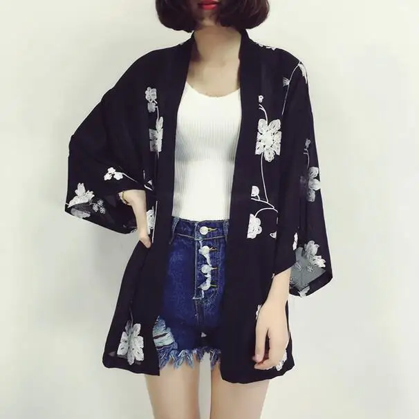 Вышитый цветочный кардиган кимоно Женский Летний Пляжный шифоновый белый синий