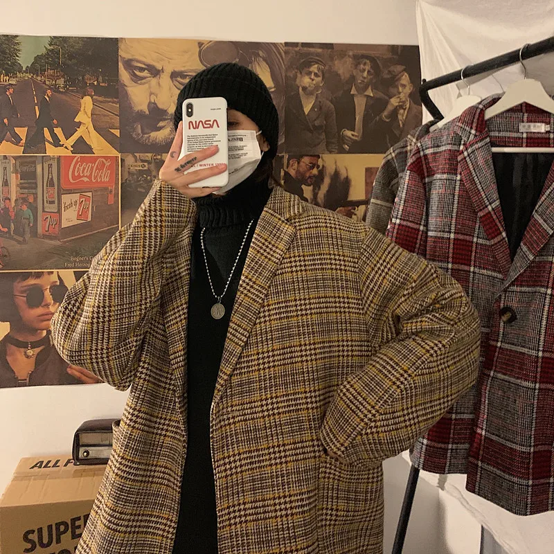 2019 мужские клетчатые куртки с принтом камвольная Шерстяная Смесь воротник