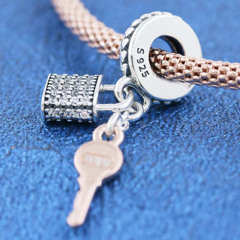 Оригинальная подвеска с замком Pave Lock и ключом Rose Bead, подходящая для браслета из стерлингового серебра 925, европейского стиля, браслета браслета DIY.