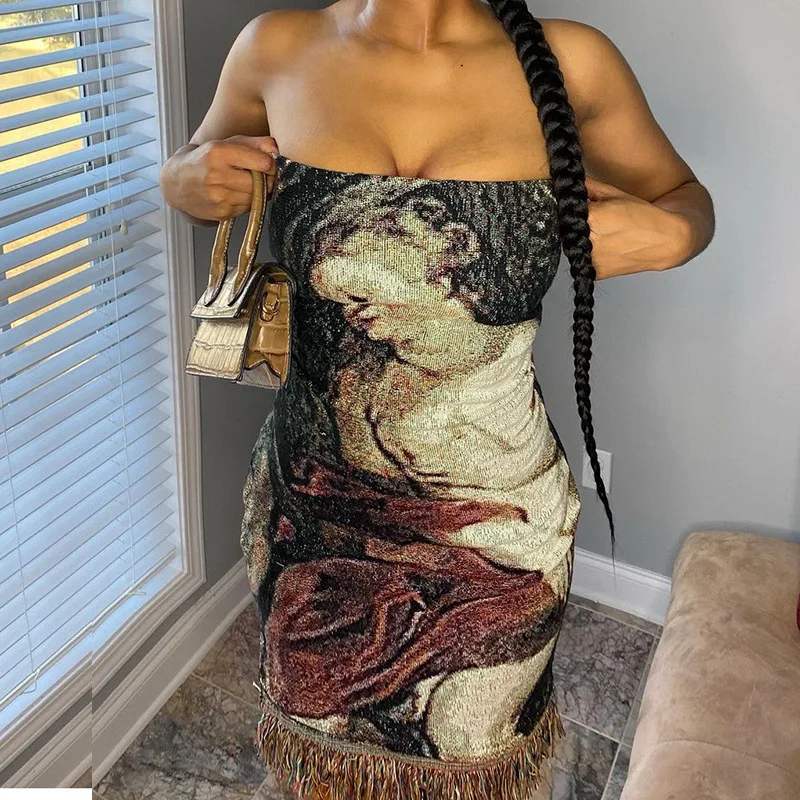 

Сексуальное платье без бретелек с вырезом лодочкой и открытой спиной облегающее Клубное платье с принтом женское платье летняя мода