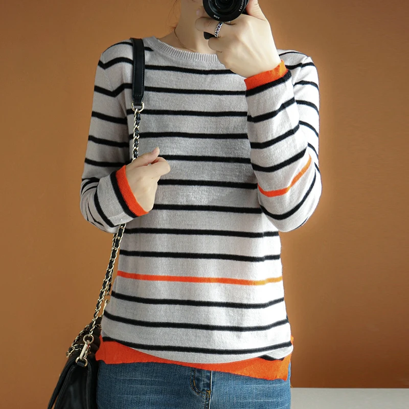 2019 New 100% Cashmere Wool Round Neck Loose Contrast Striped Knit Sweater Top Quality Women/Ladies O-neck Knitting Pullover | Женская