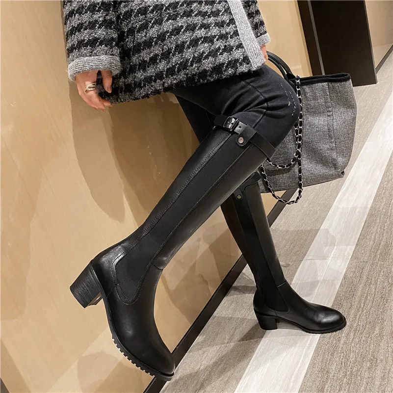 

Meotina Real Leather High Heel Knee High Boots Women Shoes Buckle Zipper Block Heels Ladies Long Boots Autumn Winter Black 40