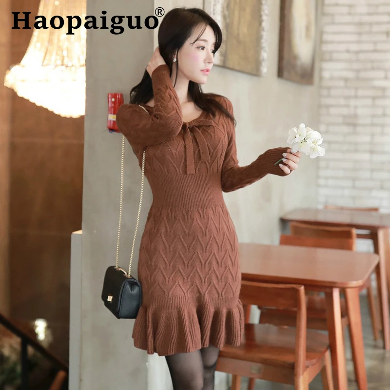 

Корейский стиль коричневый свитер платье для женщин с длинным рукавом облегающее трикотажное платье женское хорошее эластичное платье с оборками