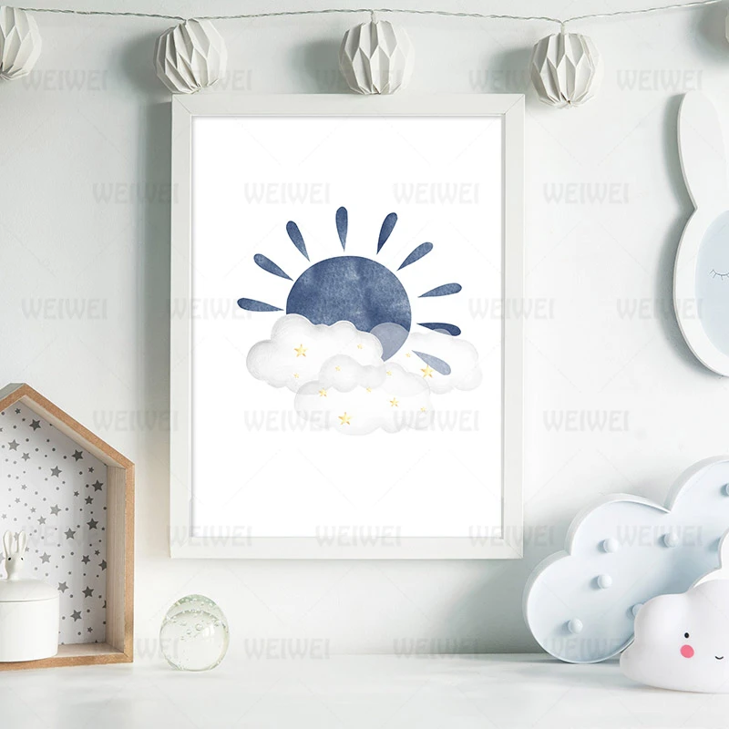 Детская комната синий холст Художественная печать Радуга солнце рисунок с Луной