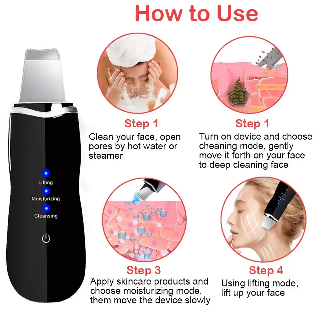 Dropshipping Ultrasonic Deep Face Facial Scrubber Cleaner Cleaning Machine Skin Peeling Blackhead Removal Pore |