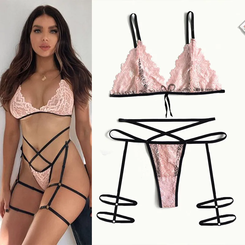 

Exotische Kleding Bandage Lace Women Lingerie Set Perspective Flower Lace Bra Hollow Out Thong Garter Set Sexy Women Underwear