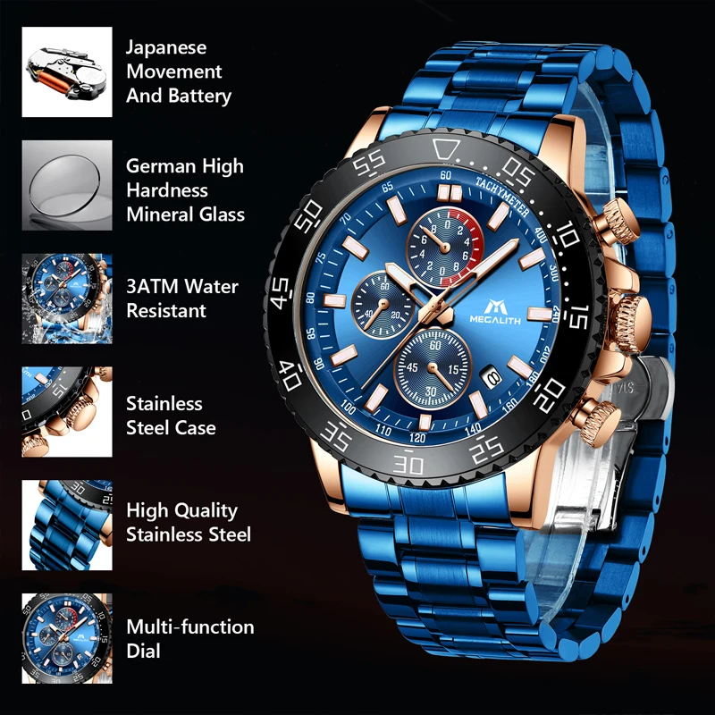 Водонепроницаемые спортивные часы MEGALITH мужские Модные брендовые кварцевые