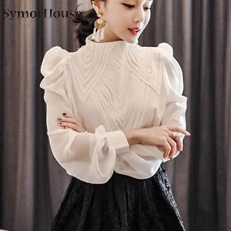 

New women princess style chiffon shirts fashion pleated lantern sleeve basic shirts blouses office lady casual OL tops