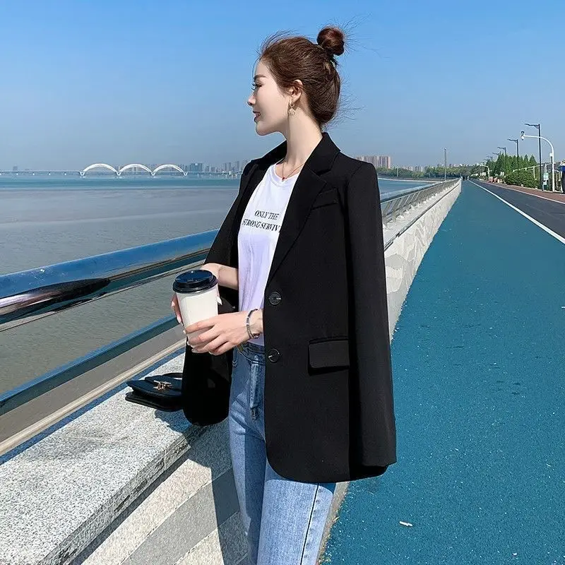 

High Quality Fashion Autumn Winter Notched Double Breasted Jacket Korean Loose Casual Black Women Blazers Jackets Work Wear Coat