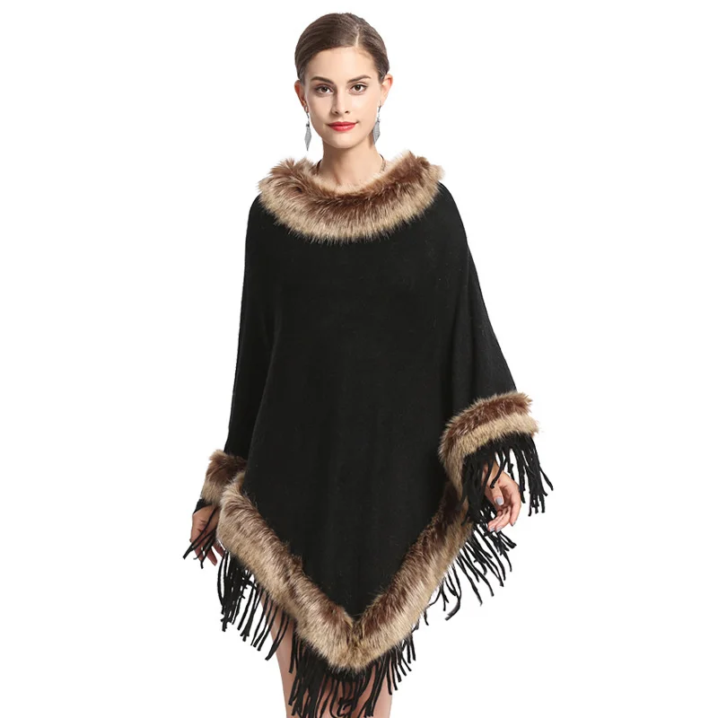 

Winter Women Faux Rabbit Fur Hooded Cape Turn Down Collar Wool Blend Poncho Plus Size Loose Thick Cardigan Cloak Batwing Coat