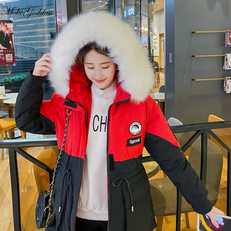 

MokoFashion Patchwork Color Long Hooded Parka With Fur Collar Winter Jacket Women 2020 New Casual Adjustable Waist Parka Coat