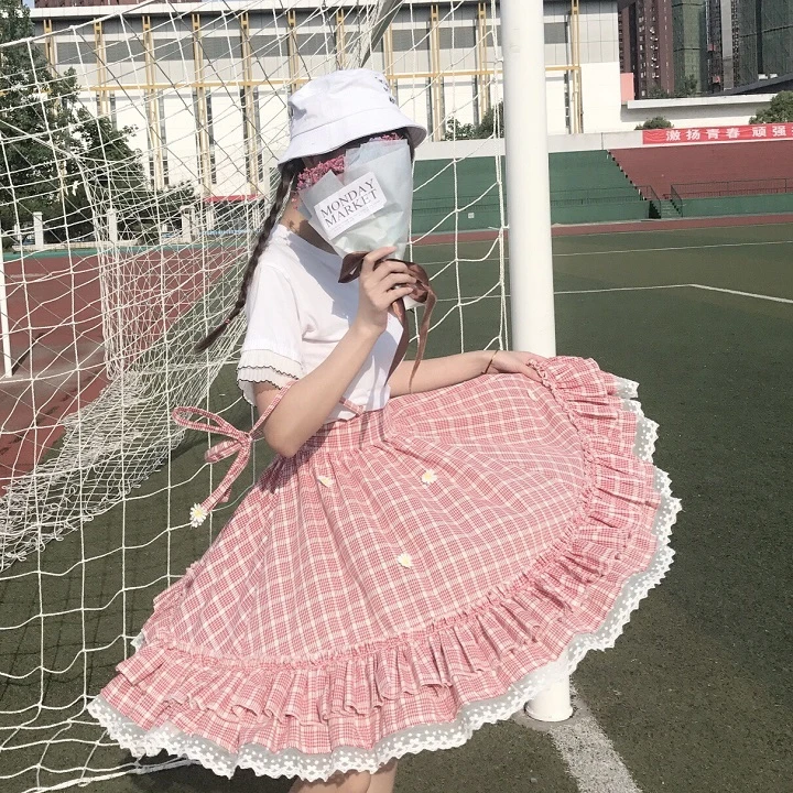 Kawaii Лолита юбка японский стиль 90 подростков мягкая Сестра Дейзи аппликации кружева лоскутное рюшами Сарафан в клетку юбки