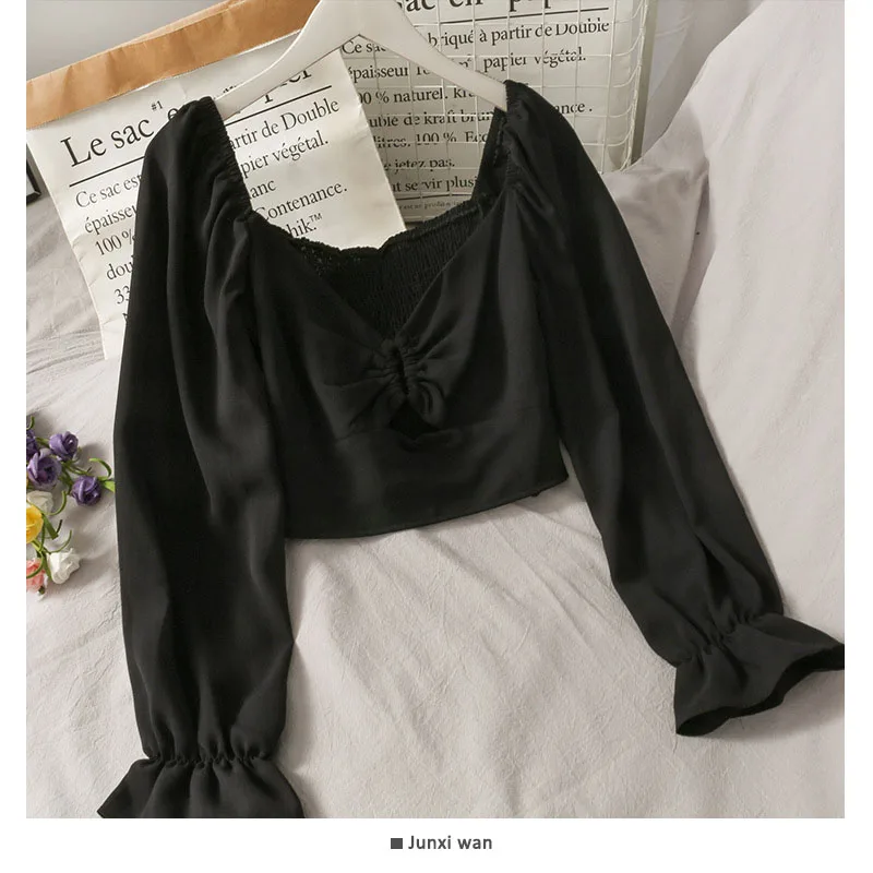 

Spring Summer Solid Cropped Blouses Slash Neck Elegant Women Chic Short Chiffon Shirt Puff Long Sleeve Fashion All-Match Tops