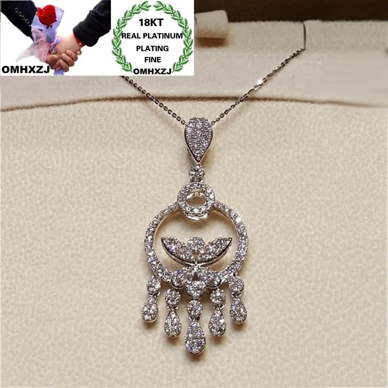 

OMHXZJ Wholesale NA346 European Fashion Woman Party Birthday Wedding Gift Round Tassel Zircon 18KT White Gold Pendant Necklace