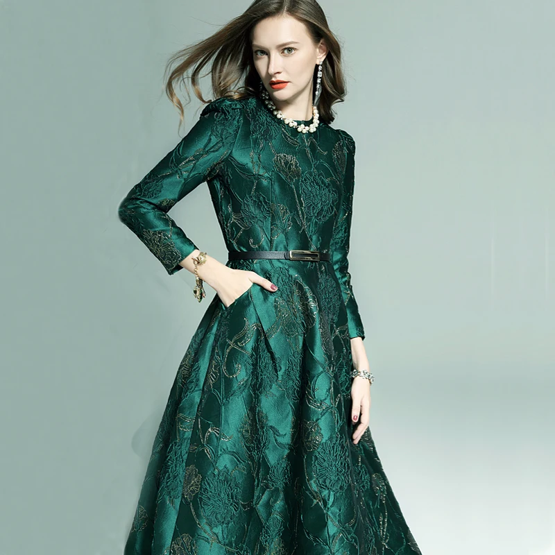 Vestidos женское модное осенне-зимнее платье с длинными рукавами Вечерние Платья с цветочным рисунком элегантное жаккардовое платье в стиле знаменитостей ласточкин хвост платье