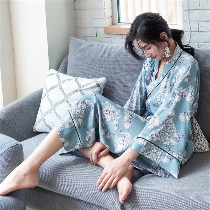

Pajamas female Japanese rayon kimono home service suit spring and autumn printed long-sleeved trousers Nightwear pijama 2020