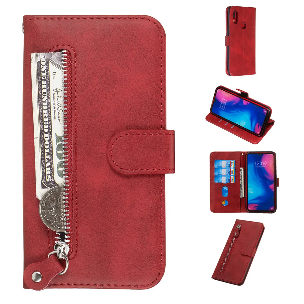 Чехол книжка на молнии с бумажником для телефона Xiaomi mi 9T A2 Lite Red 7 6 Pro Note K20