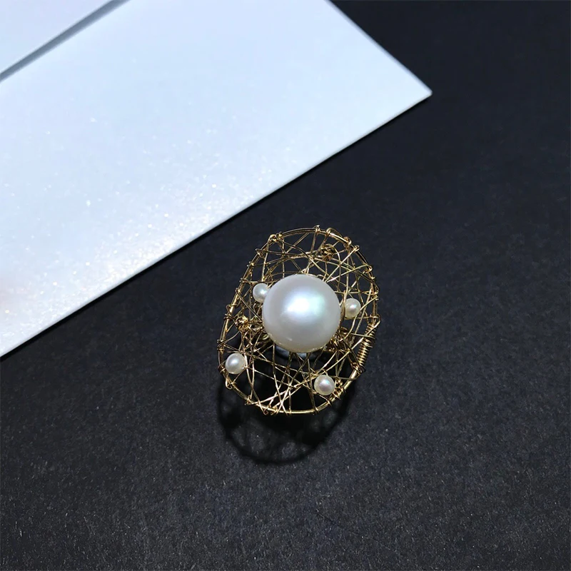 

KUGG 14K Gold Filled Women Rings 12-13mm Natural Freshwater White Pearl Ring Handmade Jewelry Trendy Fashion Female Party