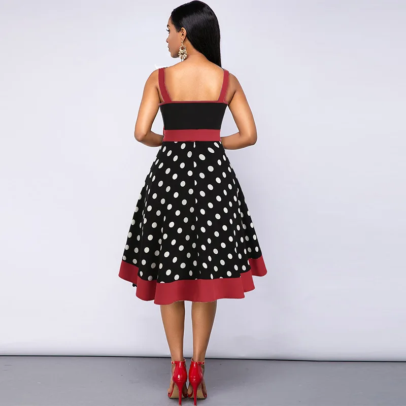 

2021 new women's polka dot tube top strap polka dot polka dot stitching retro big swing dress