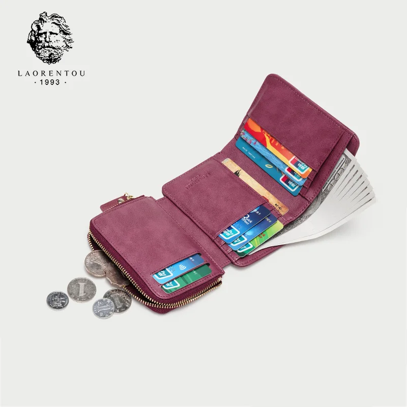 LAORENTOU Brand Women Standard Wallet Genuine Leather Wallets Fashion Short Zipper Purse Lady Coin Pocket Card Holder for Women