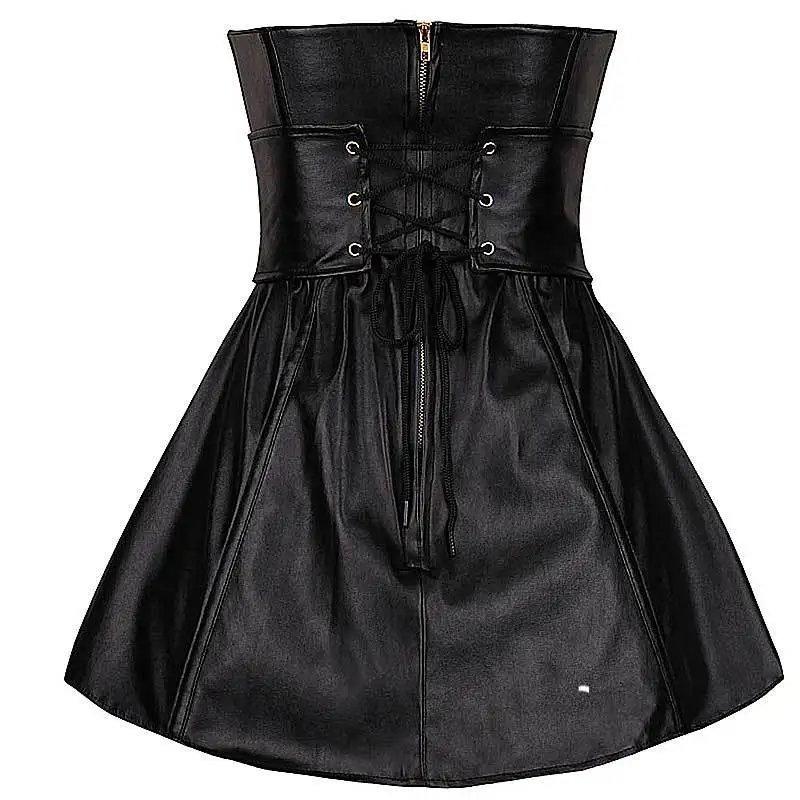 

Faux Leather Strapless Corset Black Clubwear Sexy Bustier Dress Outerwear Buckled Body Shaper Pole Dancing Party Mini Skirt