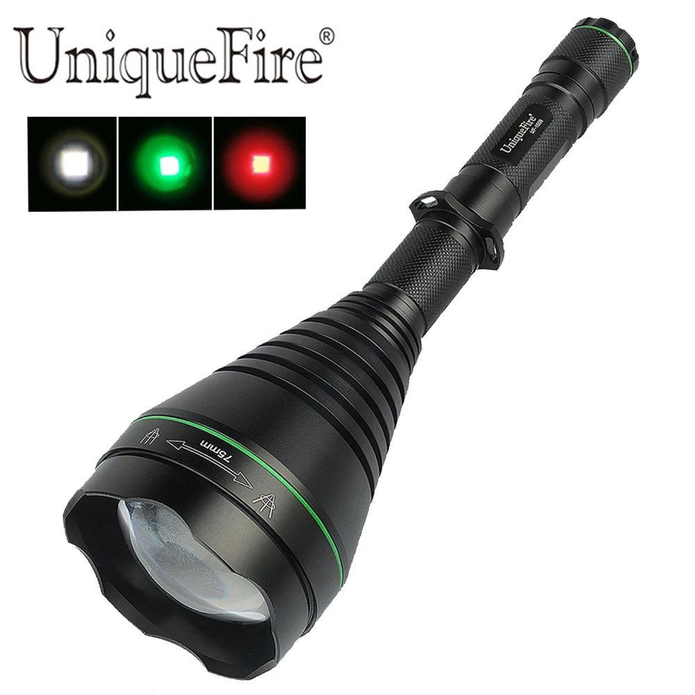 UniqueFire 1508 XPE(Green/Red/White Light)LED Flashlight 3 Modes 75mm Convex Lens Zoomable Torch Operated