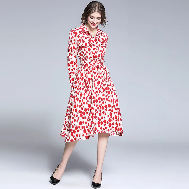 Женское платье с рисунком в горошек повседневное милое до щиколотки белым фоном