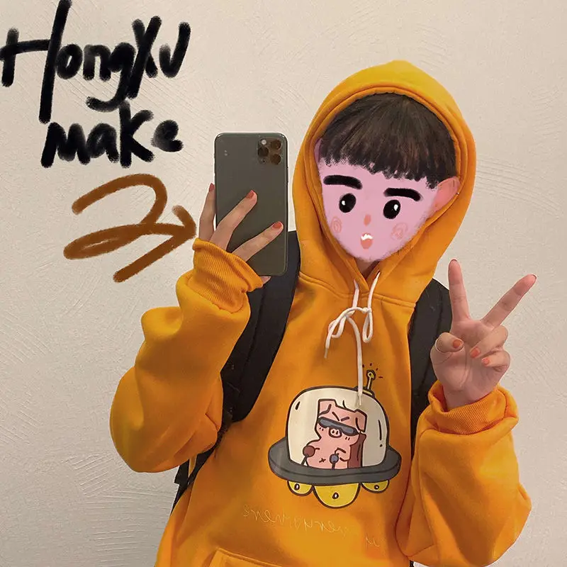 

Hoodies Women Cute Cartoon Printed Hooded Velvet Winter Thickening Warm Simple Kawaii Student Pullover Daily All-match Loose 2XL