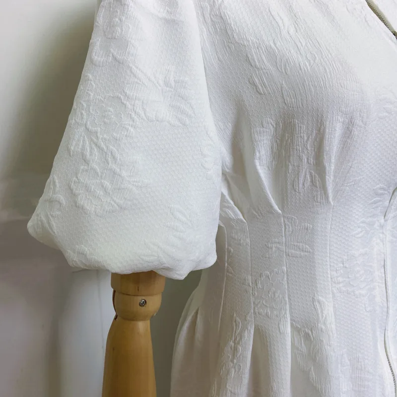 

French Vintage White Long Dress Women Puff Sleeves Zipper Front A Line Slim Party Dress Women 2021 Summer Robe Elegant Vestidos