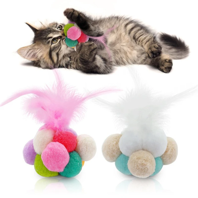 New Cat Dog Colorful Feather Toys Funny Interactive Throwing Playing Toys Amuse Kitten Plush Bouncy Bell Ball Pet Cat Supplies фото