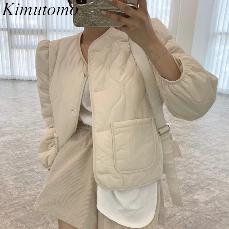 

Однотонное повседневное пальто Kimutomo, Женская осенне-зимняя Новая Винтажная свободная универсальная короткая куртка с круглым вырезом, дво...