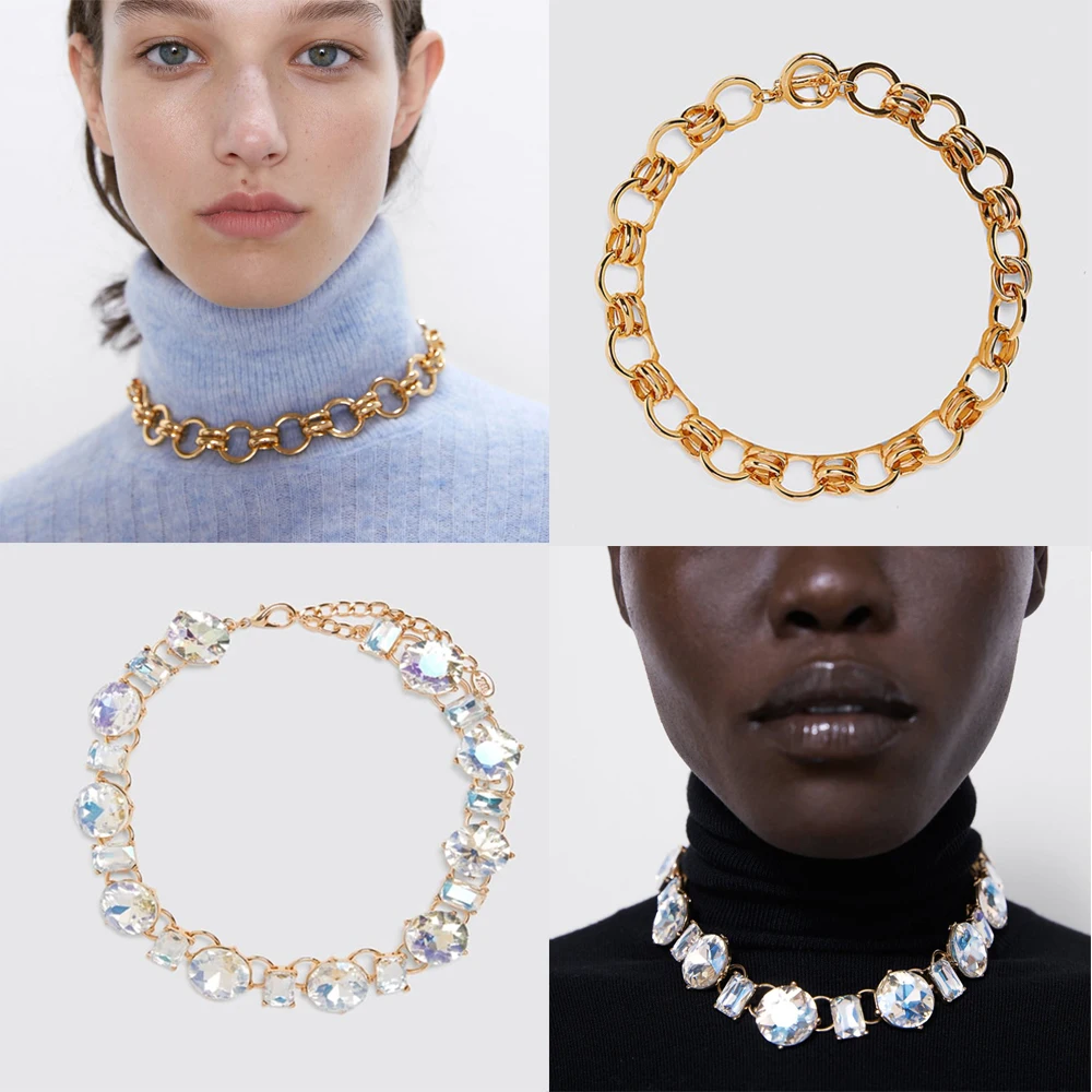 Женское блестящее роскошное ожерелье ZA элегантное золотистое с цепочкой