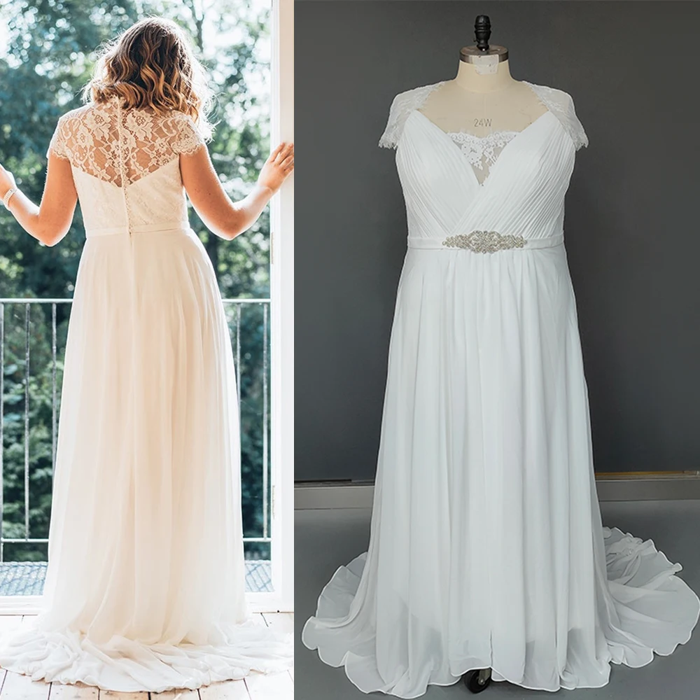 

Ruched Chiffon Lace Cap Sleeves Wedding Dress Custom Made Big Size A Line Rhinestone Sash Illusion Back 2022 V Neck Bridal Gowns