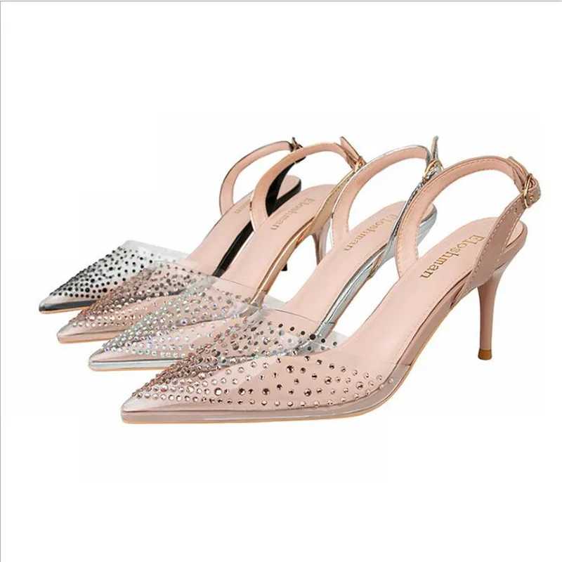 

Fashion rhinestone PVC transparent shoes stilettos high heels sandals women pointed toe party silver party wedding shoes
